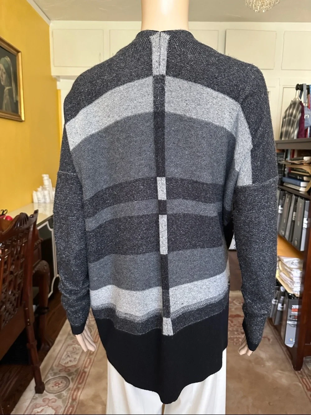 Vince Variegated Stripe Oversized Cardigan Black Gray Cashmere Blend Sweater S